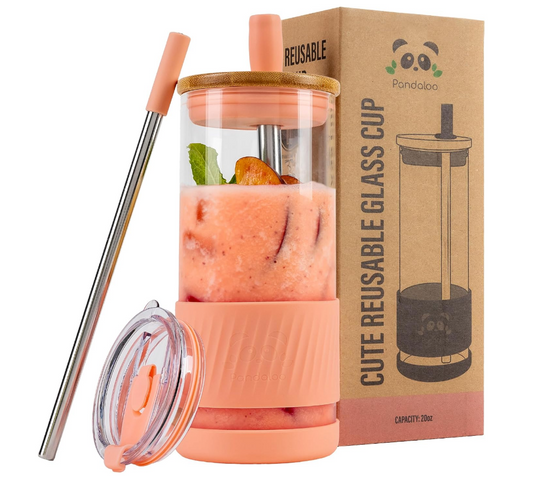 Peach Reusable Glass Smoothie Cup with Straw