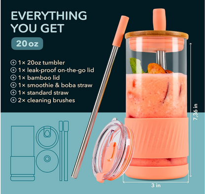 Peach Reusable Glass Smoothie Cup with Straw