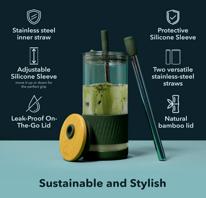 Peach Reusable Glass Smoothie Cup with Straw