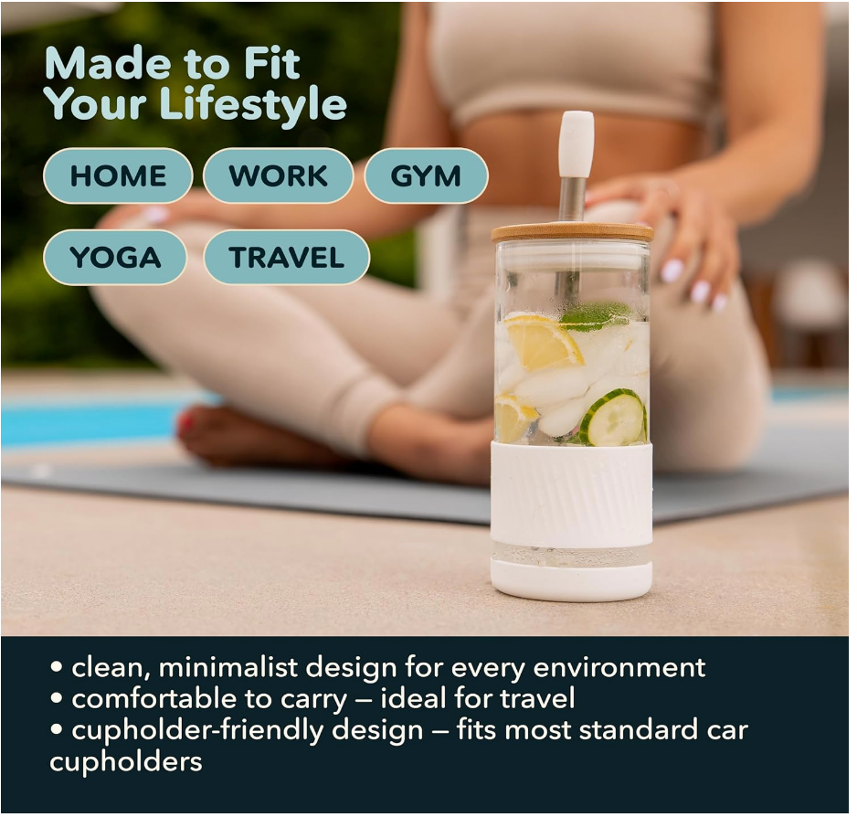 Peach Reusable Glass Smoothie Cup with Straw