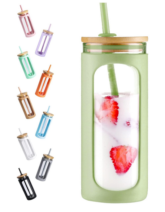 Light Green Silicone Sleeve Glass Bottle with Lid and Straw