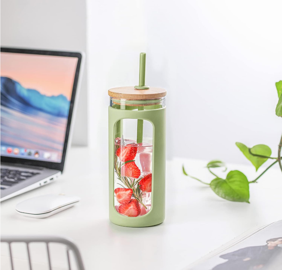 Light Green Silicone Sleeve Glass Bottle with Lid and Straw