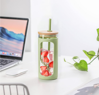 Light Green Silicone Sleeve Glass Bottle with Lid and Straw