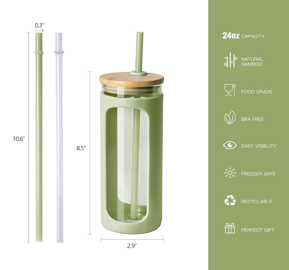Light Green Silicone Sleeve Glass Bottle with Lid and Straw