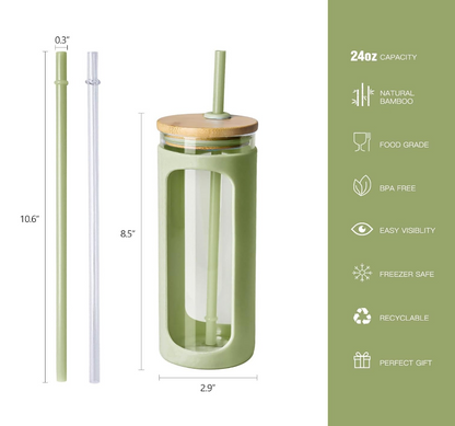 Light Green Silicone Sleeve Glass Bottle with Lid and Straw