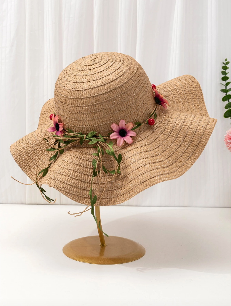 Straw Hat with Pink Floral and Red Bead Trim