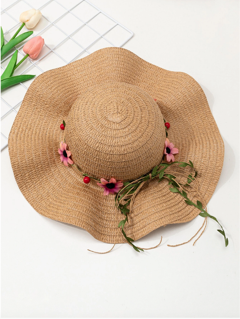 Straw Hat with Pink Floral and Red Bead Trim