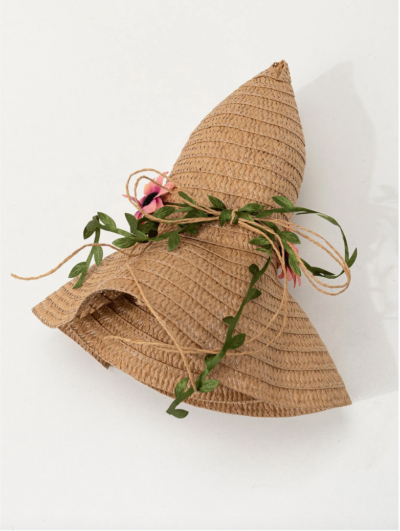 Straw Hat with Pink Floral and Red Bead Trim