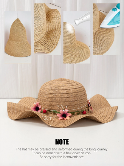 Straw Hat with Pink Floral and Red Bead Trim