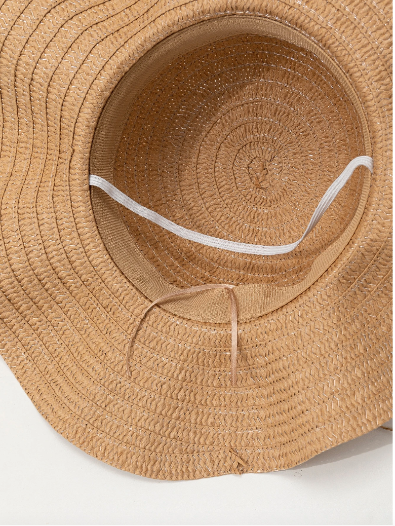 Straw Hat with Pink Floral and Red Bead Trim
