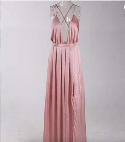 Elegant Blush Pink Satin Maxi Dress