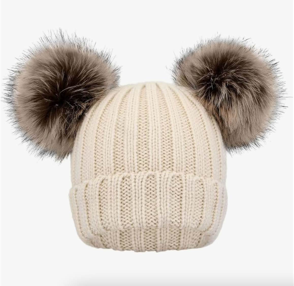 Cream Double Pom Ribbed Knit Hat