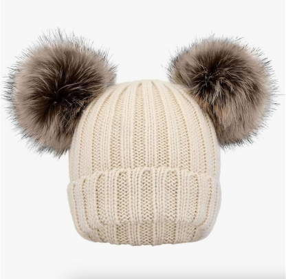 Cream Double Pom Ribbed Knit Hat