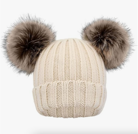 Cream Double Pom Ribbed Knit Hat