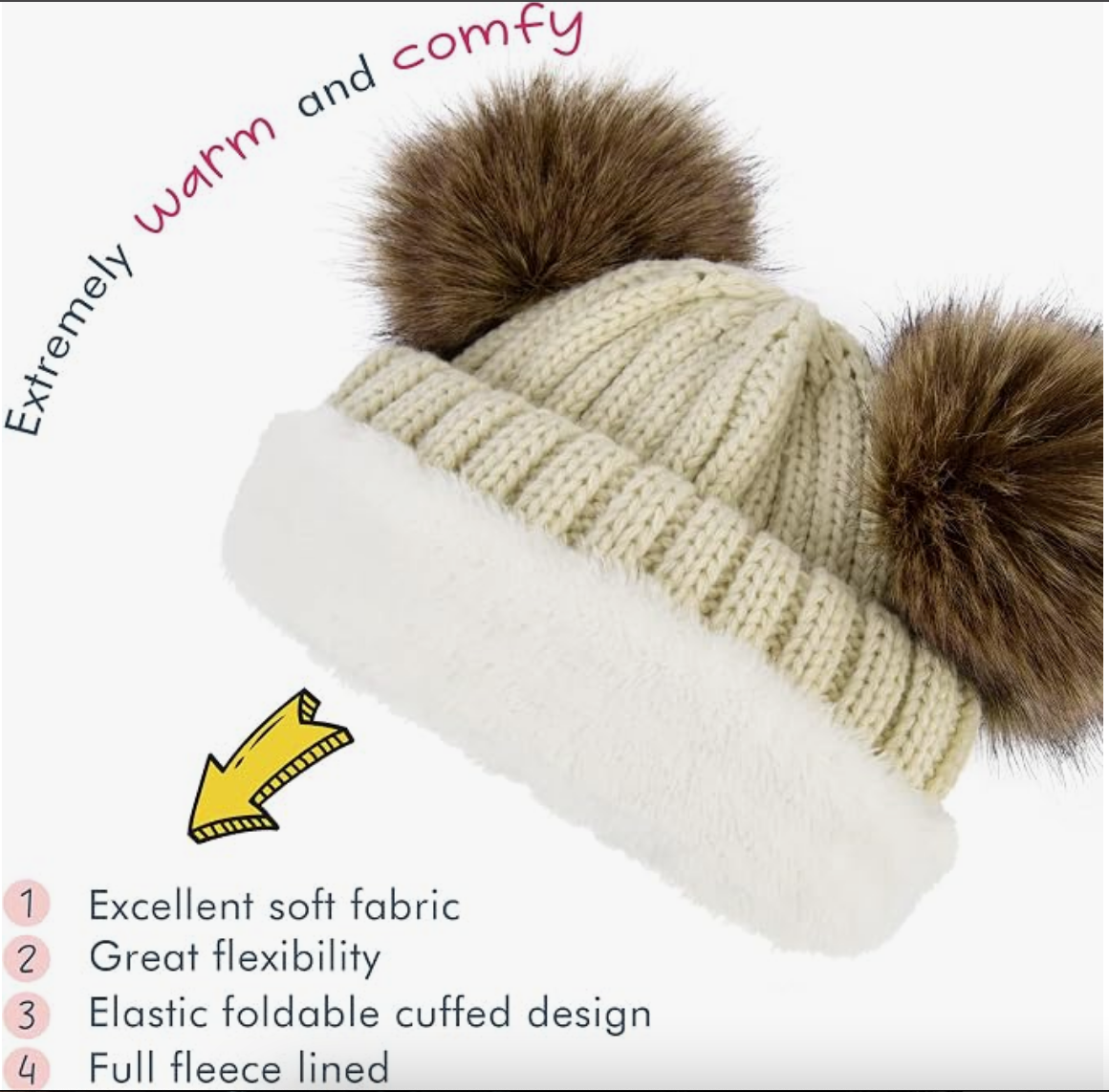 Cream Double Pom Ribbed Knit Hat