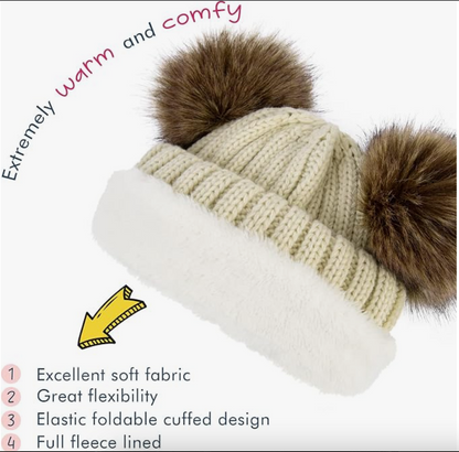 Cream Double Pom Ribbed Knit Hat