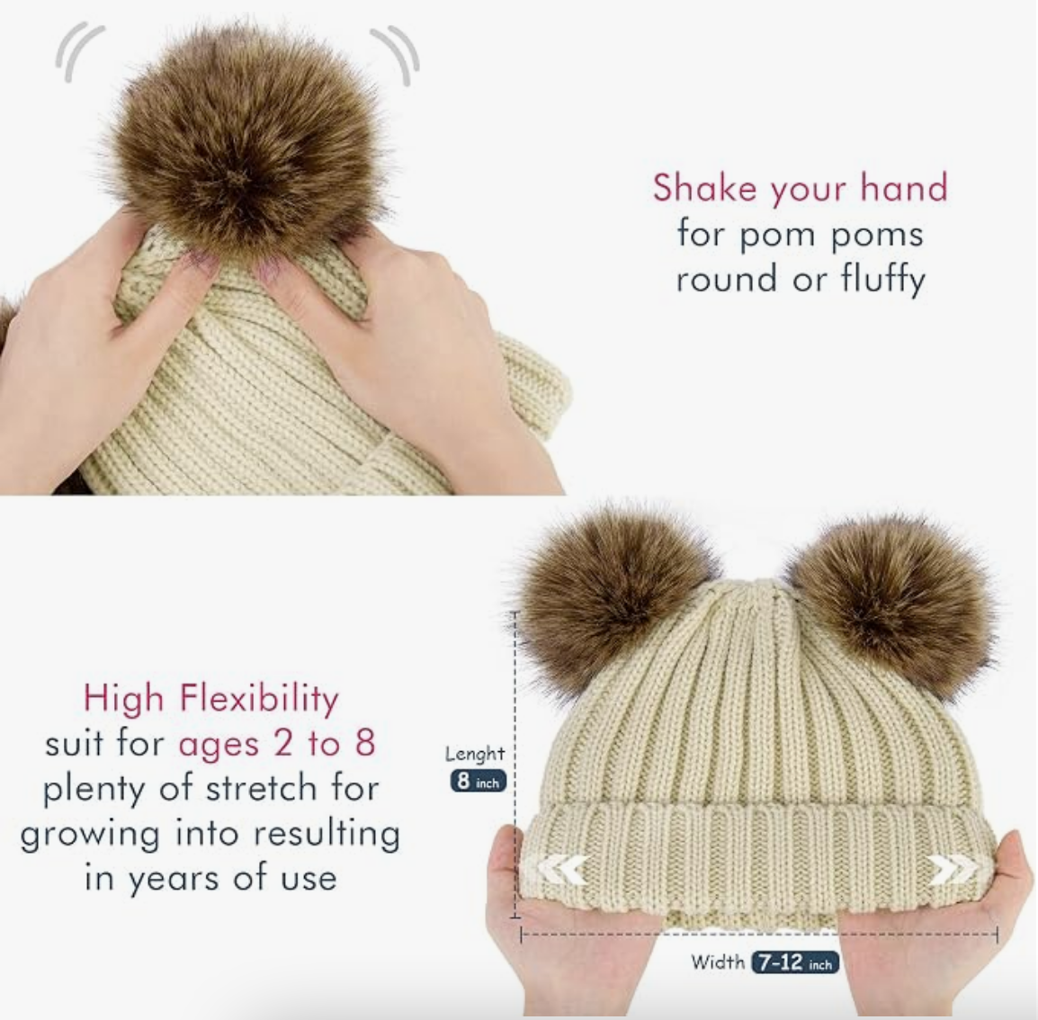 Cream Double Pom Ribbed Knit Hat