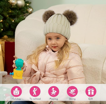 Cream Double Pom Ribbed Knit Hat