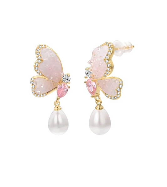 Gold-Tone Pink Butterfly Earrings with Pearl Drops
