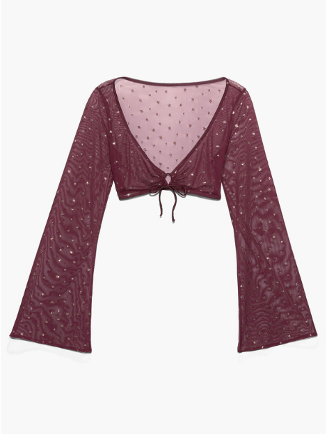 Burgundy Sheer Starry Tie-Front Crop Top