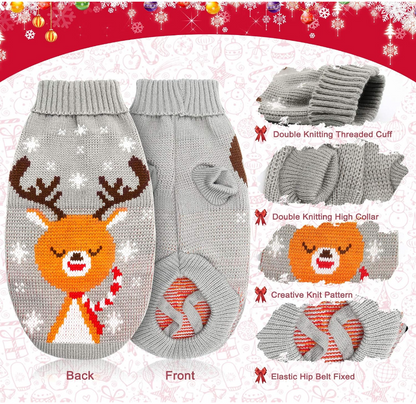 Gray Cat Holiday Sweater with Reindeer Motif