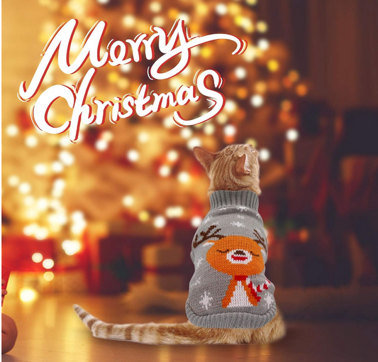 Gray Cat Holiday Sweater with Reindeer Motif