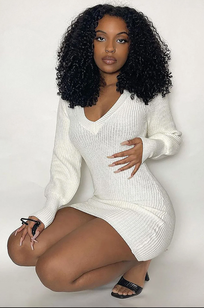 Ivory Ribbed V-Neck Mini Dress
