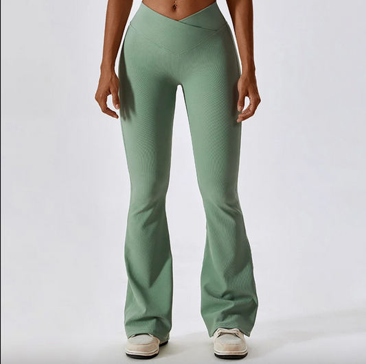 Sage Green Ribbed Flare Leggings