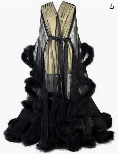 Sheer Black Feather Trim Boudoir Robe