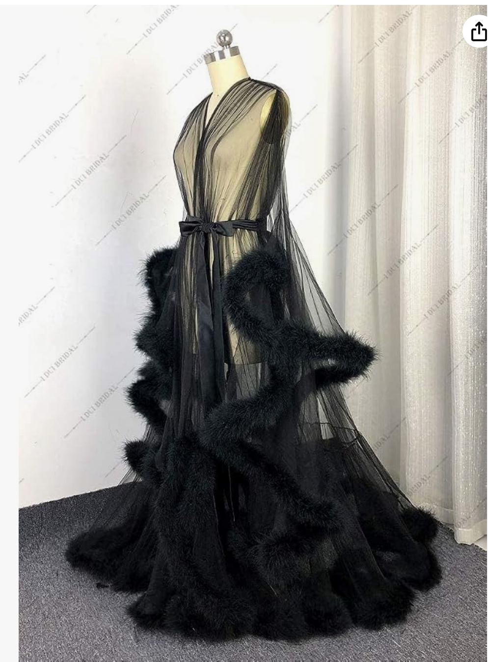Sheer Black Feather Trim Boudoir Robe