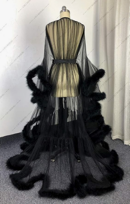 Sheer Black Feather Trim Boudoir Robe