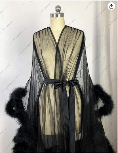 Sheer Black Feather Trim Boudoir Robe