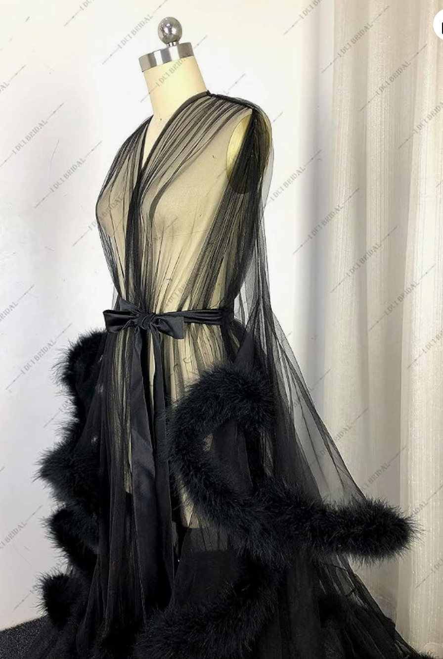 Sheer Black Feather Trim Boudoir Robe