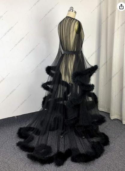 Sheer Black Feather Trim Boudoir Robe