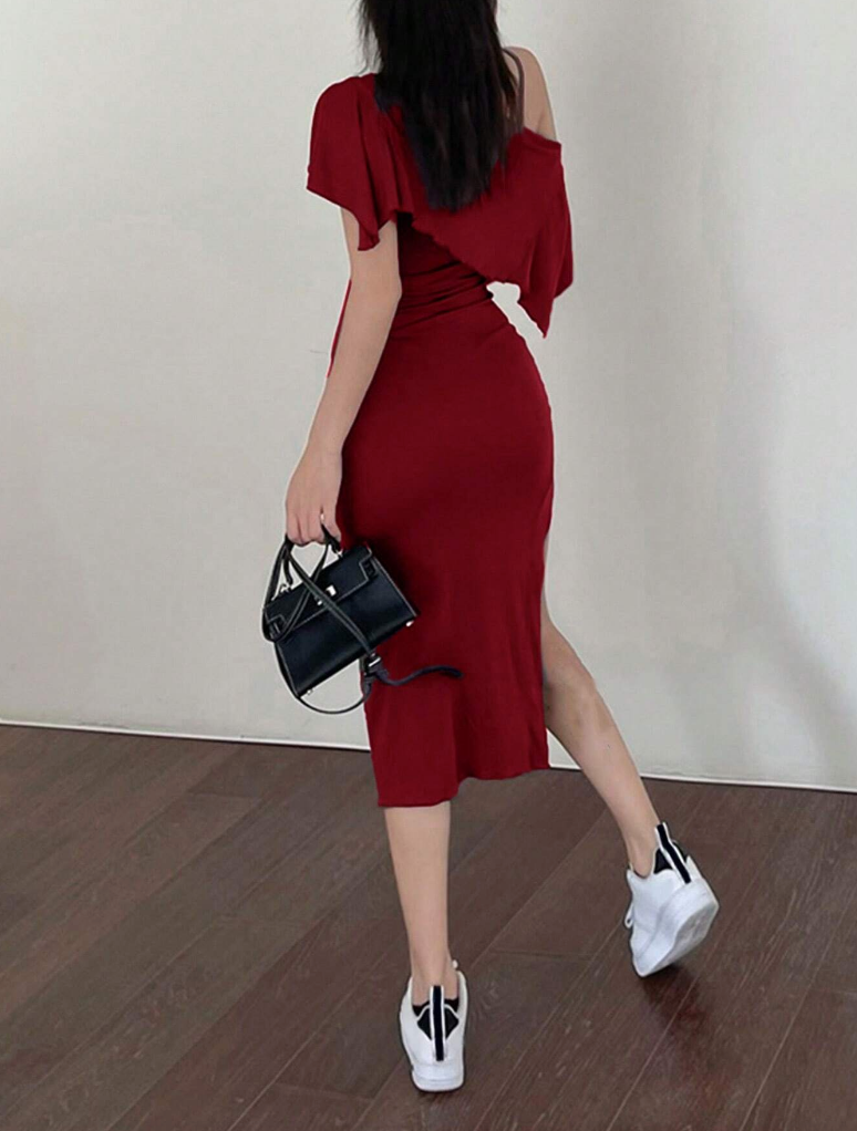 Burgundy Midi Dress and Crop Sweater Set