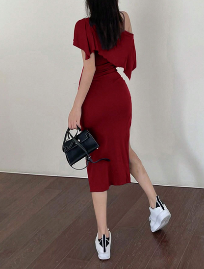 Burgundy Midi Dress and Crop Sweater Set