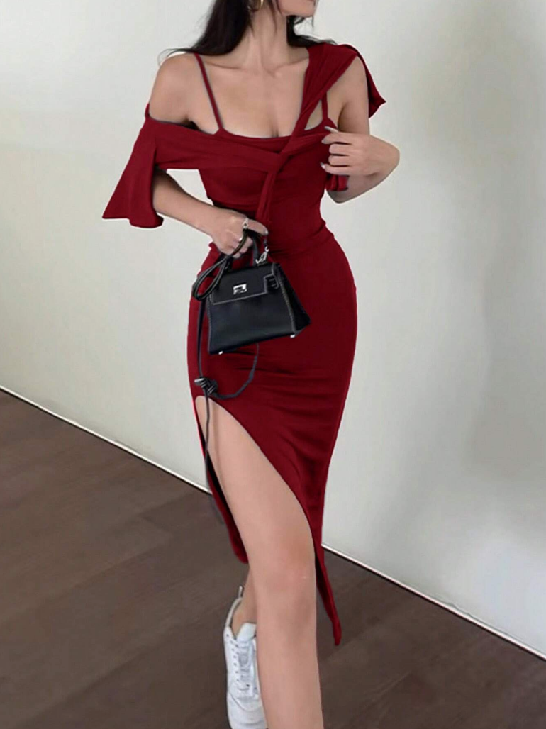 Burgundy Midi Dress and Crop Sweater Set