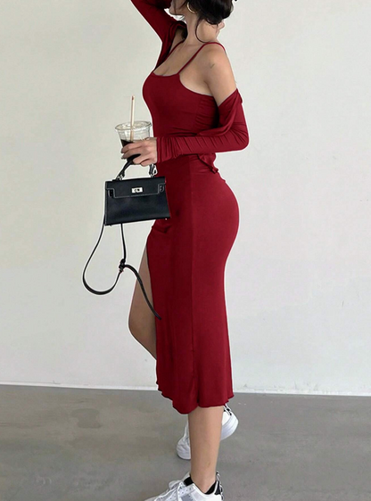 Burgundy Midi Dress and Crop Sweater Set