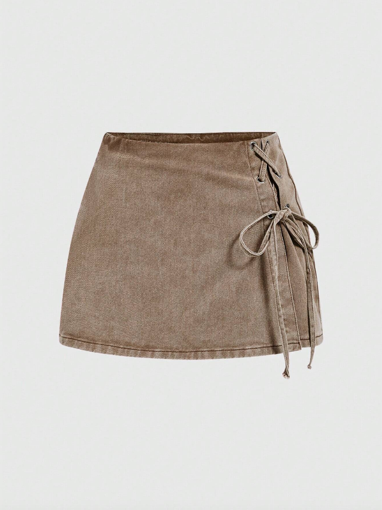 Washed Brown Side Lace-Up Mini Skort