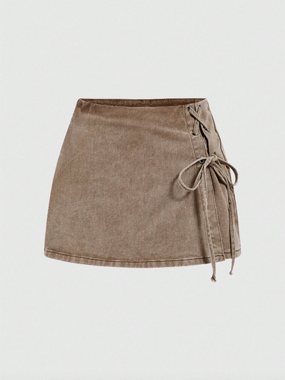 Washed Brown Side Lace-Up Mini Skort