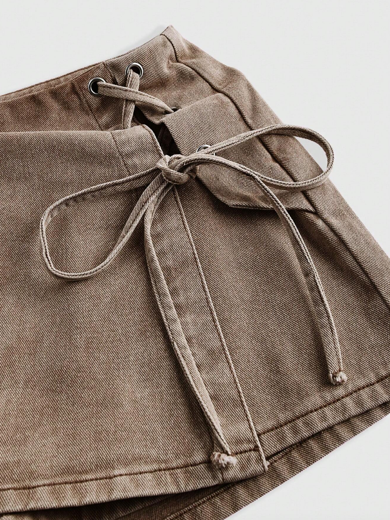 Washed Brown Side Lace-Up Mini Skort