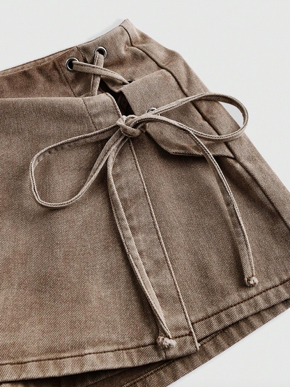 Washed Brown Side Lace-Up Mini Skort