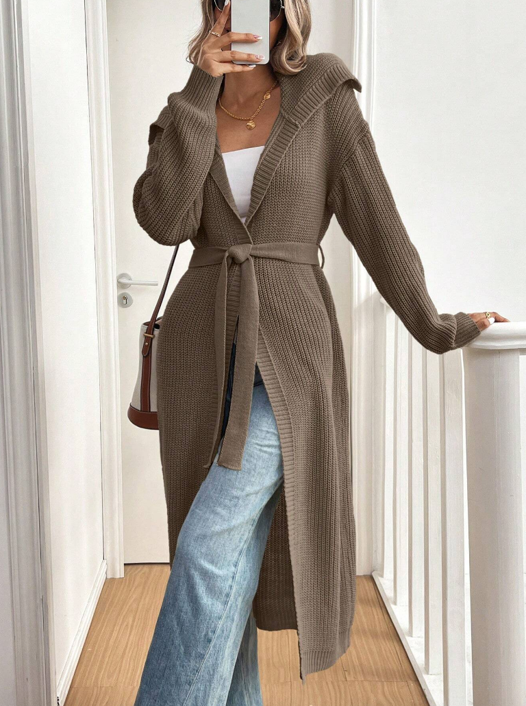Taupe Long Rib-Knit Belted Cardigan