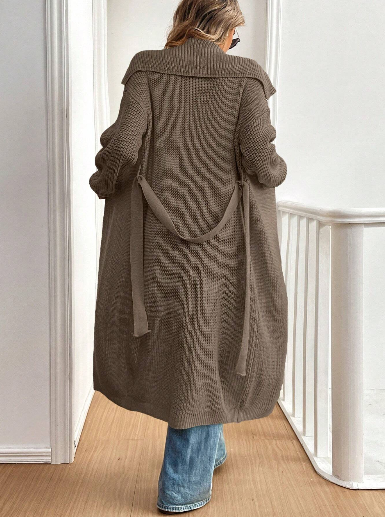Taupe Long Rib-Knit Belted Cardigan