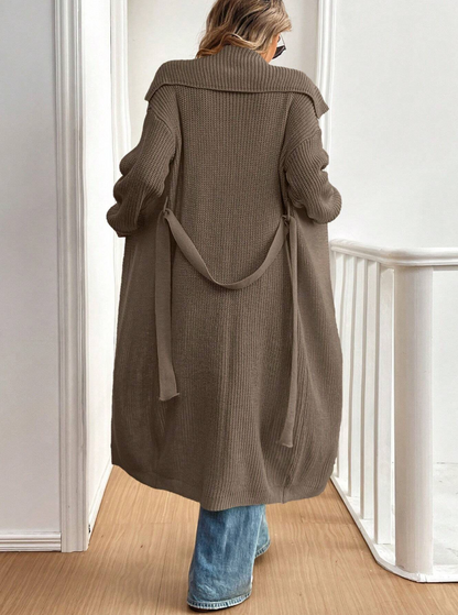 Taupe Long Rib-Knit Belted Cardigan
