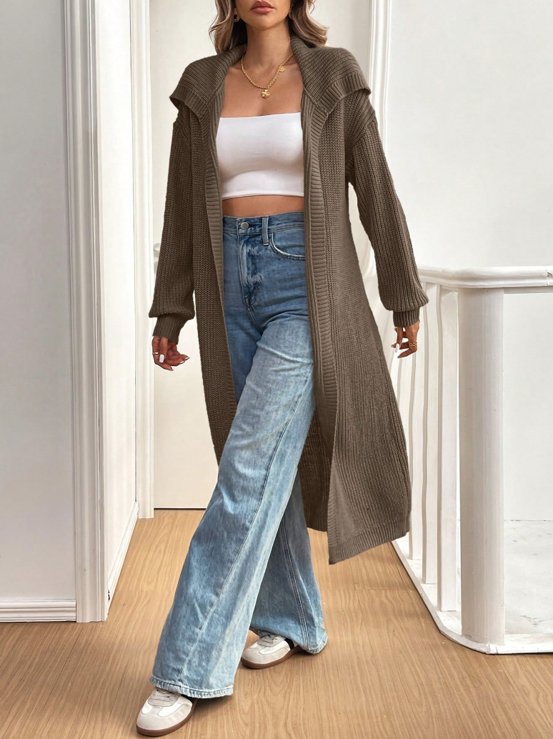 Taupe Long Rib-Knit Belted Cardigan