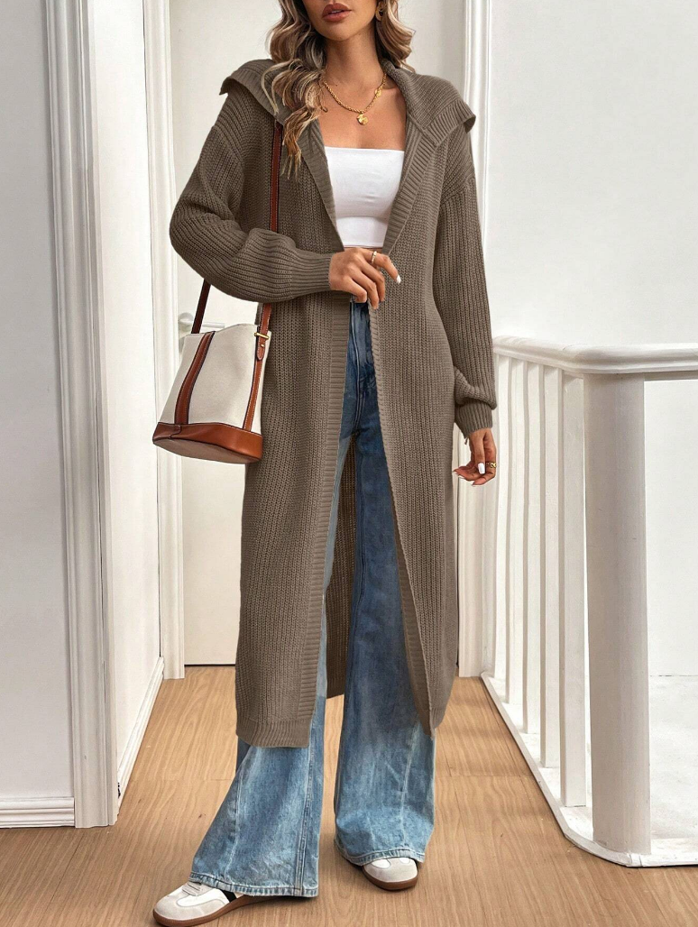 Taupe Long Rib-Knit Belted Cardigan