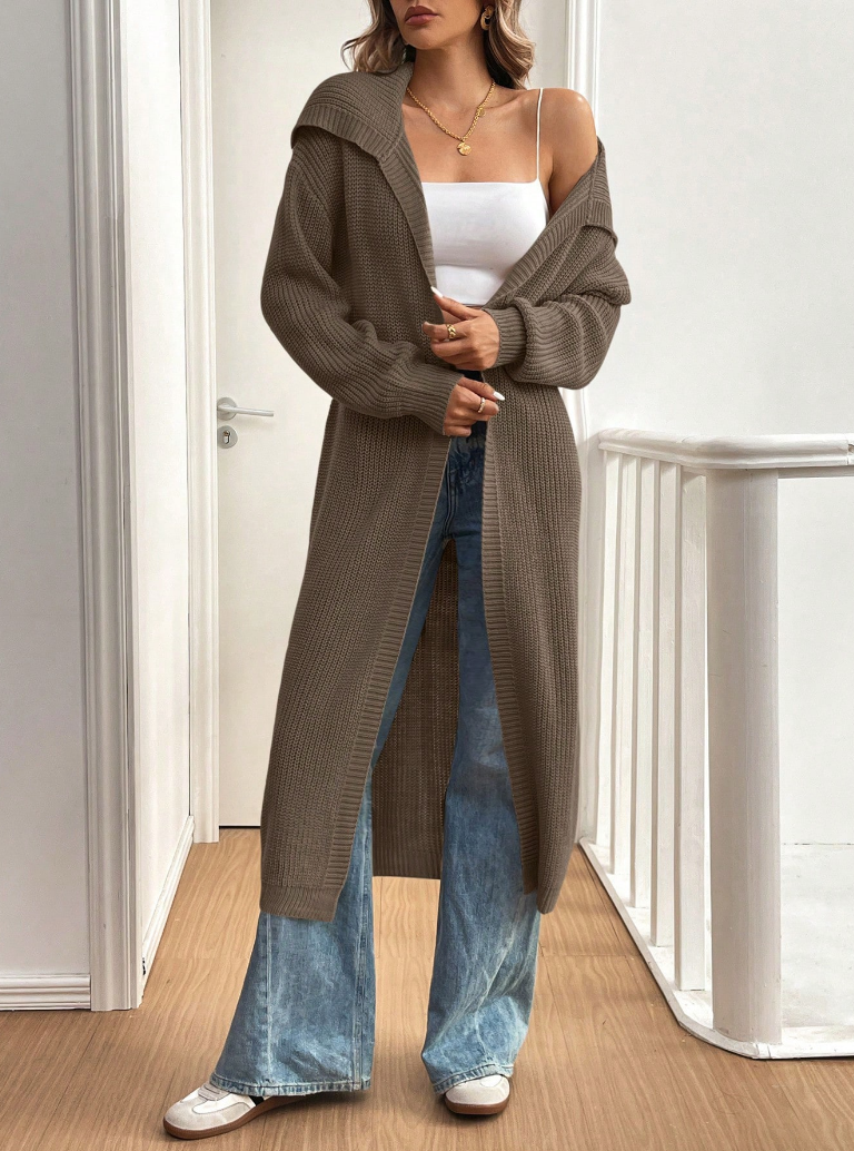 Taupe Long Rib-Knit Belted Cardigan