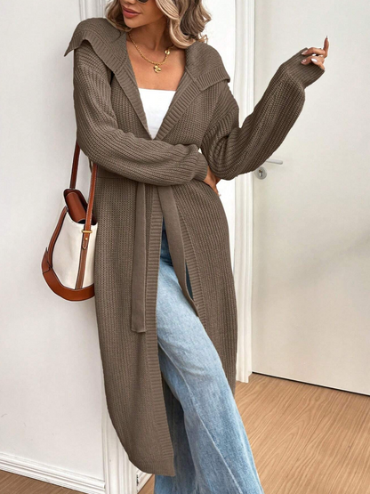 Taupe Long Rib-Knit Belted Cardigan