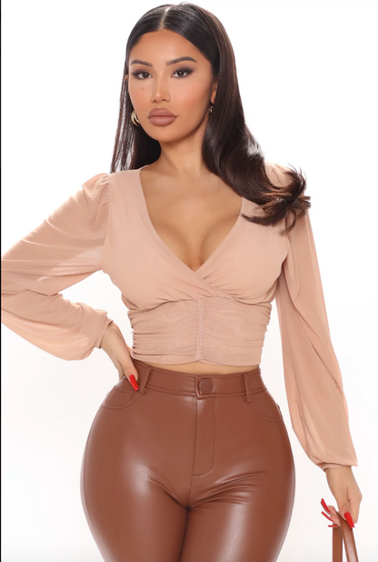 Tan V-Neck Ruched Crop Top